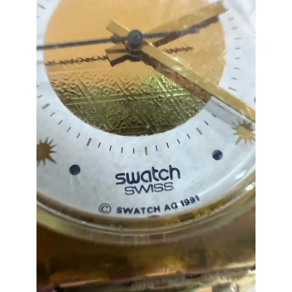 Vintage 1991 Swatch Swiss Watch | Gold Dial & Stretch Band | New Battery | Runs